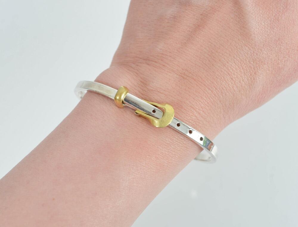 Vintage Mexico 925 Sterling Silver Brass Belt Buckle Hinged Bangle Bracelet